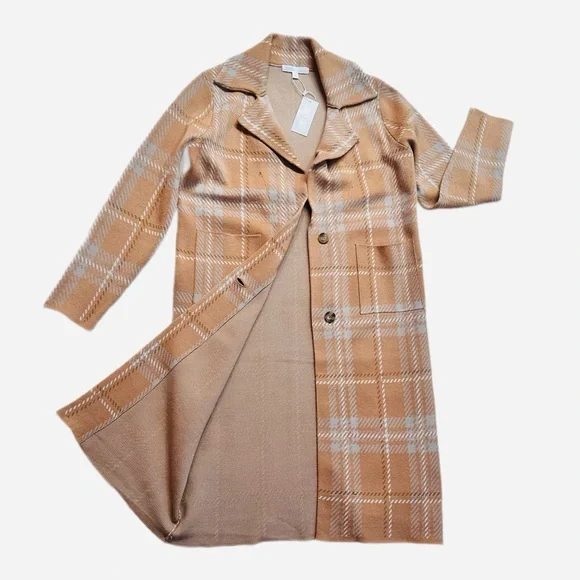 LOVE + LUXE ~ Plaid Tan Longline Cardigan/Coat w/Hints of Blue and Off White - Picture 5 of 9